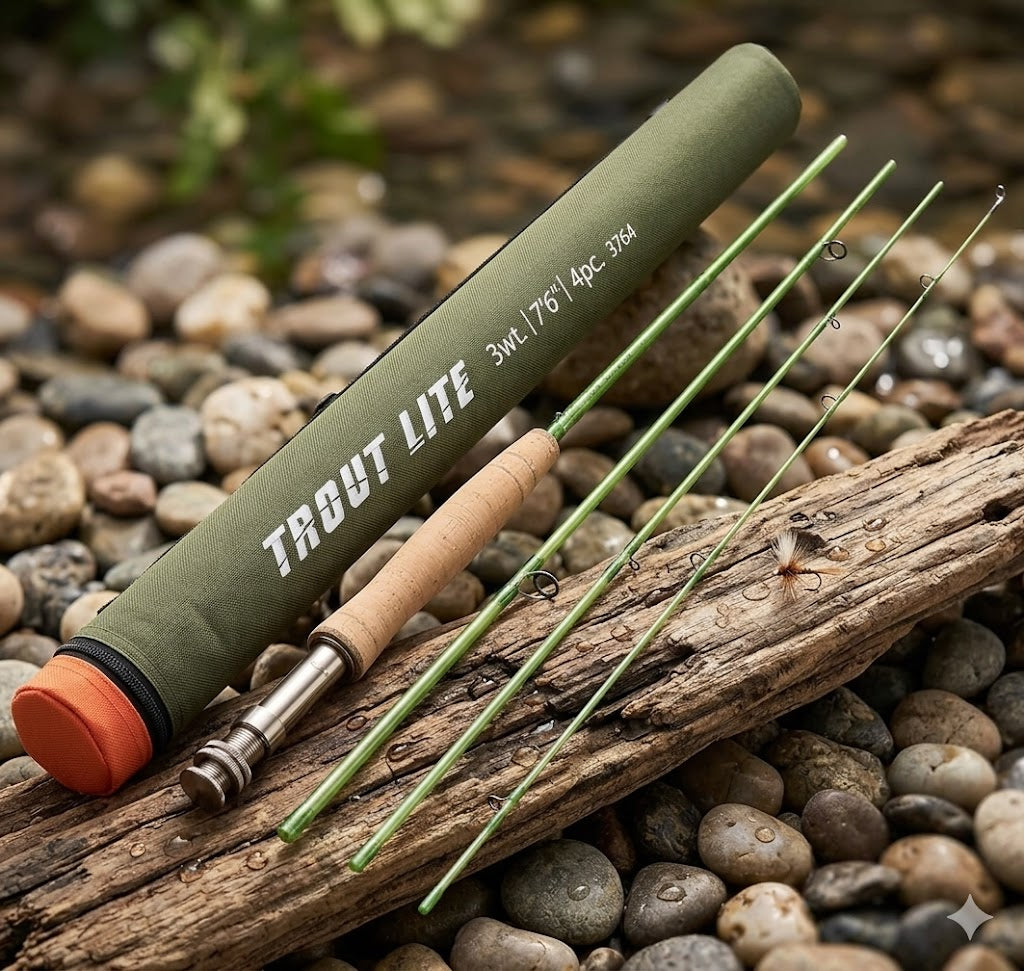 axon trout lite perfection pour pour la peche en finesse canne deposer sur bois de grève sur lit de roche de riviere 