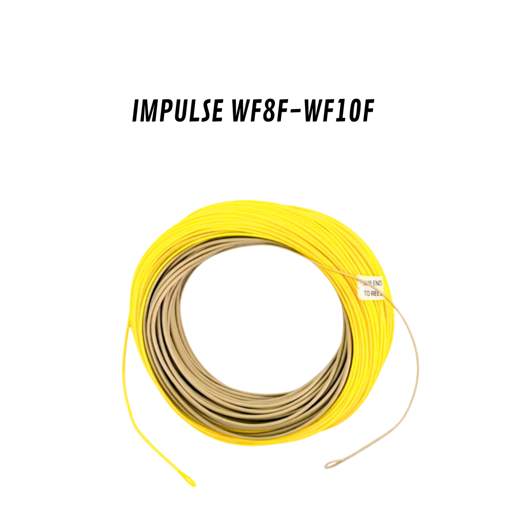 Une bobine de soie de pêche à la mouche bicolore Axon Impulse, enroulée sur un fond blanc. La ligne présente une section jaune vif et une section de tête gris-kaki. Le texte IMPULSE WF8F-WF10F est affiché au-dessus de la soie. Conçue pour la pêche au brochet et aux grands prédateurs.