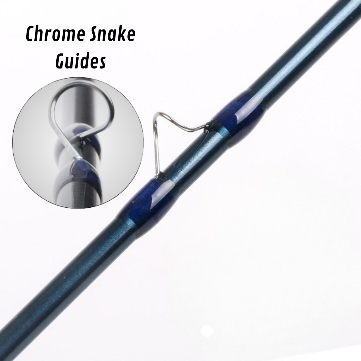 Vue rapprochée et détaillée d'un anneau serpentiforme (snake guide) chromé fixé sur le blank vert sarcelle profond d'une canne à mouche AXON. L'image montre la ligature bleu marine avec une fine bordure chromée. Un encart circulaire dans le coin inférieur gauche offre une vue de face de l'anneau. Le texte « Chrome Snake Guides » est visible en haut à gauche.