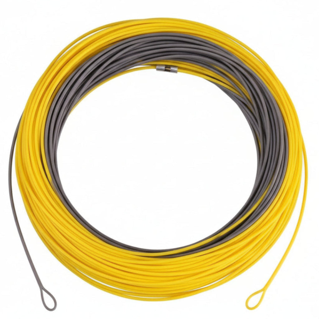 Une vue aérienne professionnelle d'une ligne de pêche à la mouche de la marque Axon. La soie est présentée en une bobine compacte bicolore, jaune vif sur l'extérieur et gris mat sur l'intérieur. Le logo Axon avec son symbole stylisé est superposé en plein centre. Le texte d'identification du modèle, "Wind Cutter Wf4f-WF8F", est clairement affiché en haut de l'image. Les deux extrémités de la ligne se terminent par des boucles pré-soudées, et une petite étiquette blanche d'identification est attachée à la se