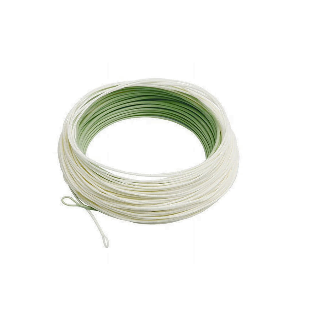 Bobine de soie à moucher bicolore vert et crème Axon Outbound Short, montrant les modèles WF6F à WF10F, conçue pour la pêche de puissance en eau salée et en eau douce.