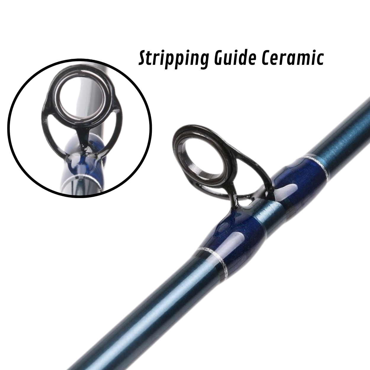 Vue très rapprochée de l'anneau de départ (stripping guide) de la canne à mouche Axon ACCESS™ sur fond blanc. L'image montre la finition de la ligature bleue avec une bordure argentée sur le blank vert sarcelle. Un encart circulaire illustre une vue de face de l'anneau pour mettre en évidence son insert lisse en céramique. Le texte « Stripping Guide Ceramic » est affiché en haut.