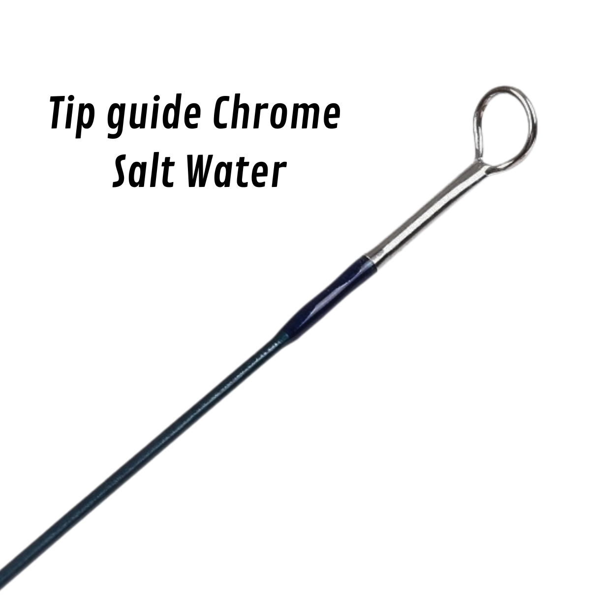 Une vue détaillée et rapprochée sur fond blanc d'un anneau de scion (tip-top) chromé pour l'eau salée, fixé sur l'extrémité d'une section de canne à pêche à la mouche AXON. L'image montre la ligature en fil bleu marine avec une finition époxy lisse au niveau de la ferrule menant au blank sombre. Le texte en noir en haut à gauche précise : « Tip guide Chrome Salt Water ».