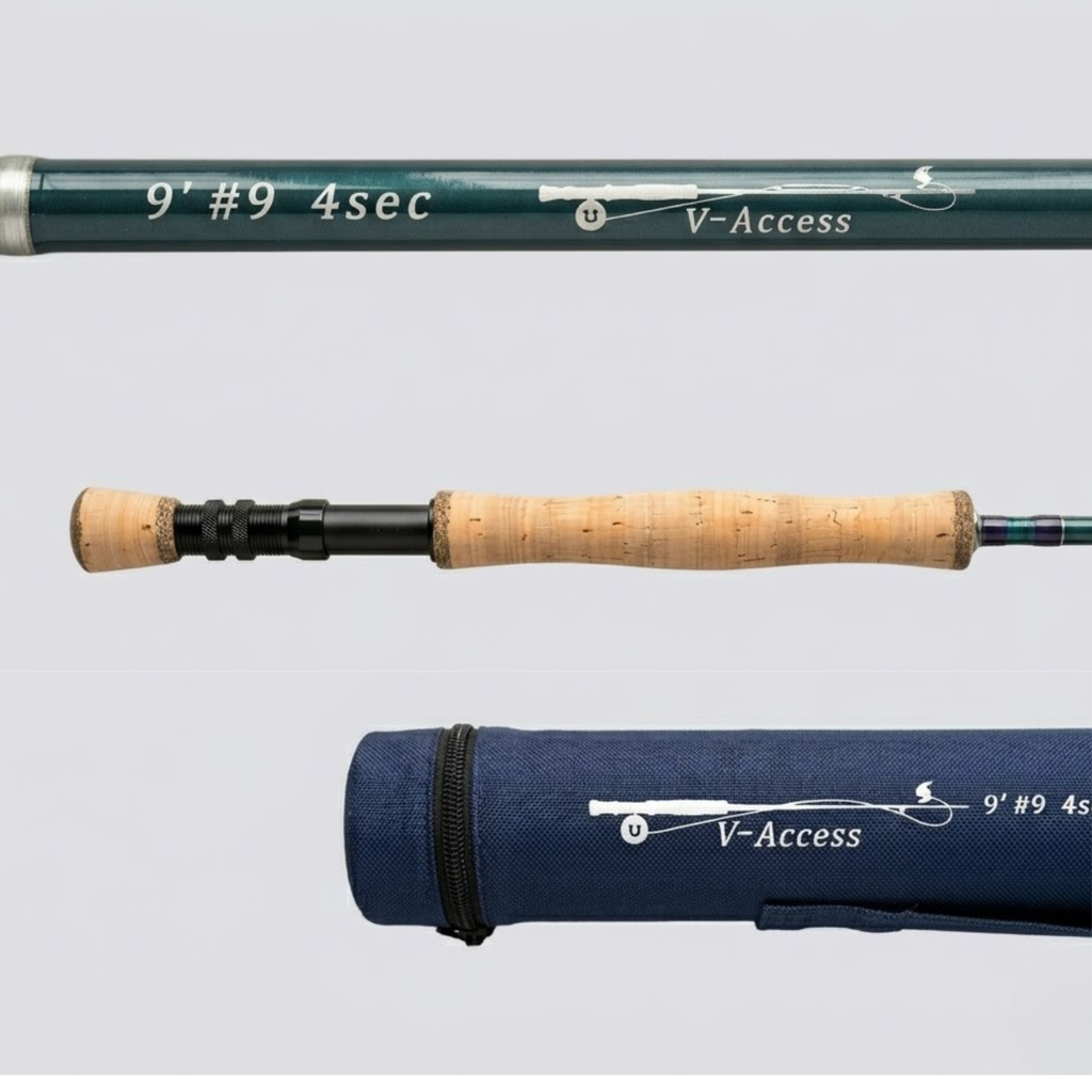 Montage de trois vues détaillées de la canne à pêche à la mouche Axon ACCESS sur fond blanc. La section supérieure montre le blank vert sarcelle avec les spécifications de 9 pieds pour soie numéro 9. La section centrale présente la poignée ergonomique en liège avec talon de combat et le porte-moulinet usiné noir. La section inférieure affiche l'étui de transport rigide en tissu bleu marine.