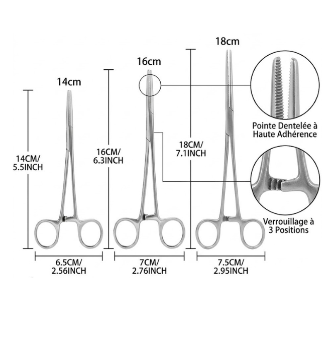 Pinces forseps pêche mouche acier inoxydable 3 tailles 14cm 16cm 18cm