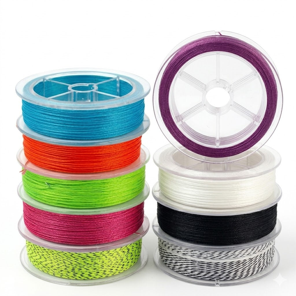 Une photographie de studio montre deux piles de bobines de fil de pêche tressé en plastique transparent sur un fond blanc uni. La pile de gauche contient cinq bobines empilées verticalement dans des couleurs vives : bleu vif, orange, vert citron, fuchsia et un motif vert-jaune et noir. La pile de droite contient trois bobines empilées (motif noir et blanc, noir uni, blanc uni) avec une quatrième bobine de fil violet posée à plat face vers l'avant sur le dessus, exposant son centre transparent à rayons et le