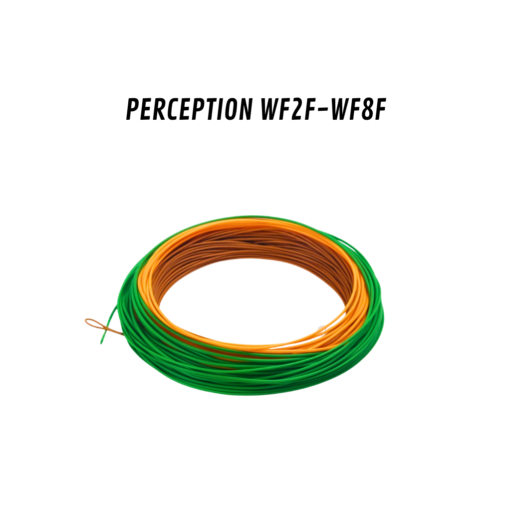 Photo d'une bobine de soie à moucher bicolore vert et orange Axon Perception, conçue pour la pêche technique, incluant les modèles WF2F à WF8F.