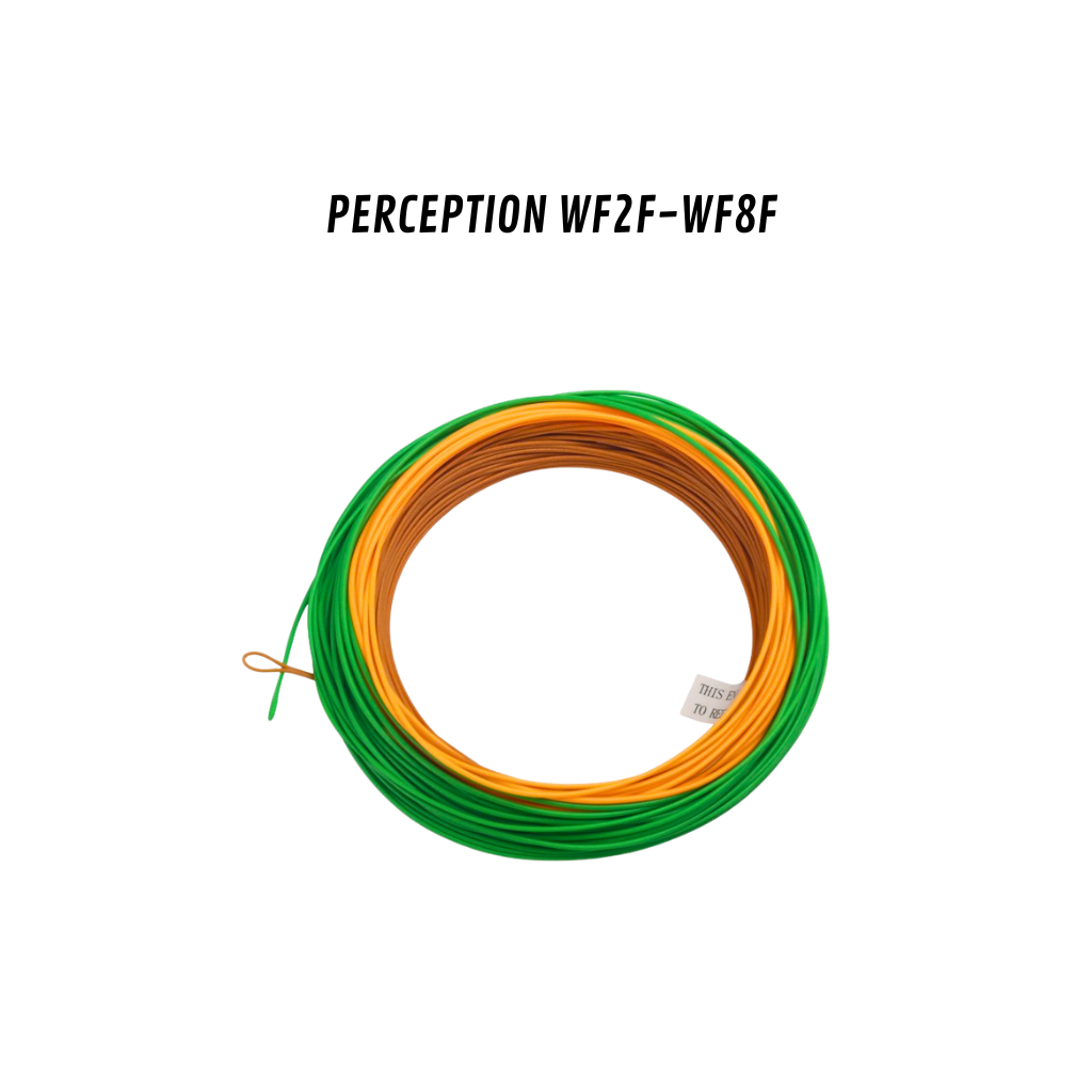 Gros plan photographique d'une bobine de soie mouche bicolore Axon Perception. La bobine est bicolore, montrant de la soie verte sur les côtés et orange/jaune au centre. Le texte 'PERCEPTION LINE' et 'AXON' est visible sur la bobine. Le texte 'PERCEPTION LINE (WF2F - WF8F)' est dans le coin inférieur droit sur fond blanc uni, indiquant la gamme de tailles.