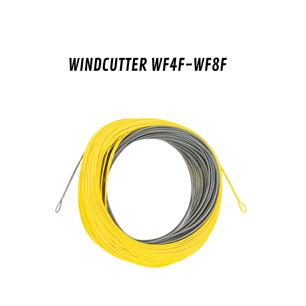 Une photo en gros plan de la soie de pêche à la mouche bicolore Axon Windcutter, enroulée sur un fond blanc propre. L'image montre clairement la transition de couleur nette entre la longue ligne de course jaune vif et la tête de lancer plus lourde de couleur kaki-vert olive, soulignant la conicité spécifique conçue pour la puissance de lancer dans le vent.