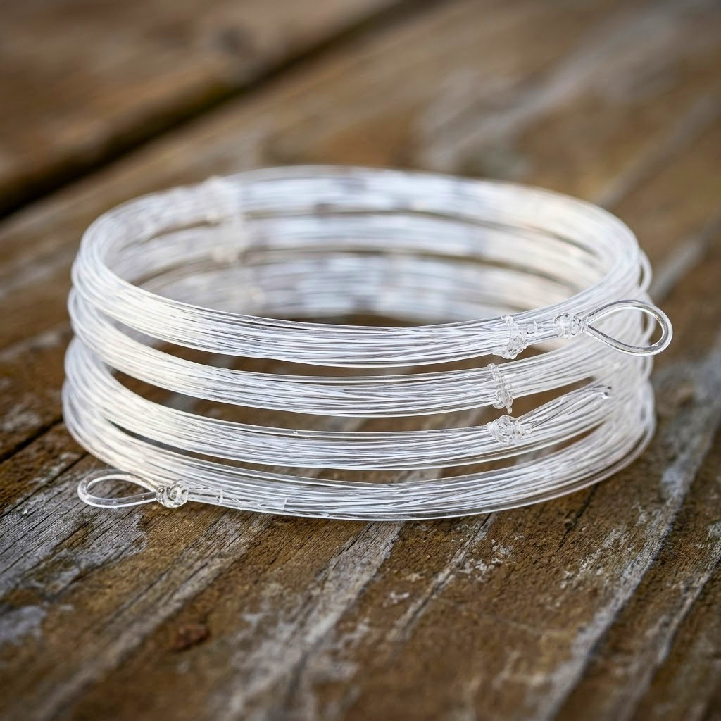 Lot de bas de ligne en nylon transparent Axon FlyFishing pour la pêche à la mouche. Leaders avec boucles pré-nouées mis en valeur sur une table en bois.