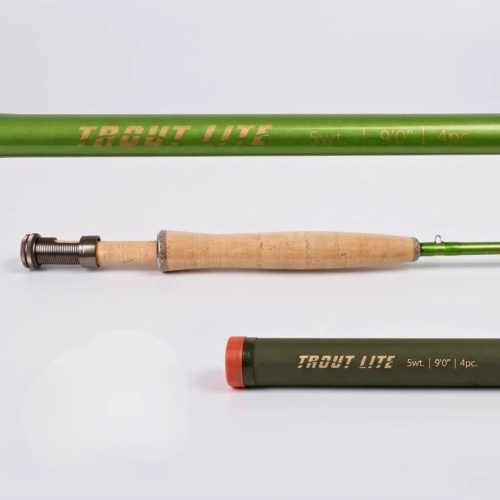 Axon Trout Lite 5wt 9'0" fly rod 4 pieces — olive green IM12/40T blank, AAA cork grip and travel tube