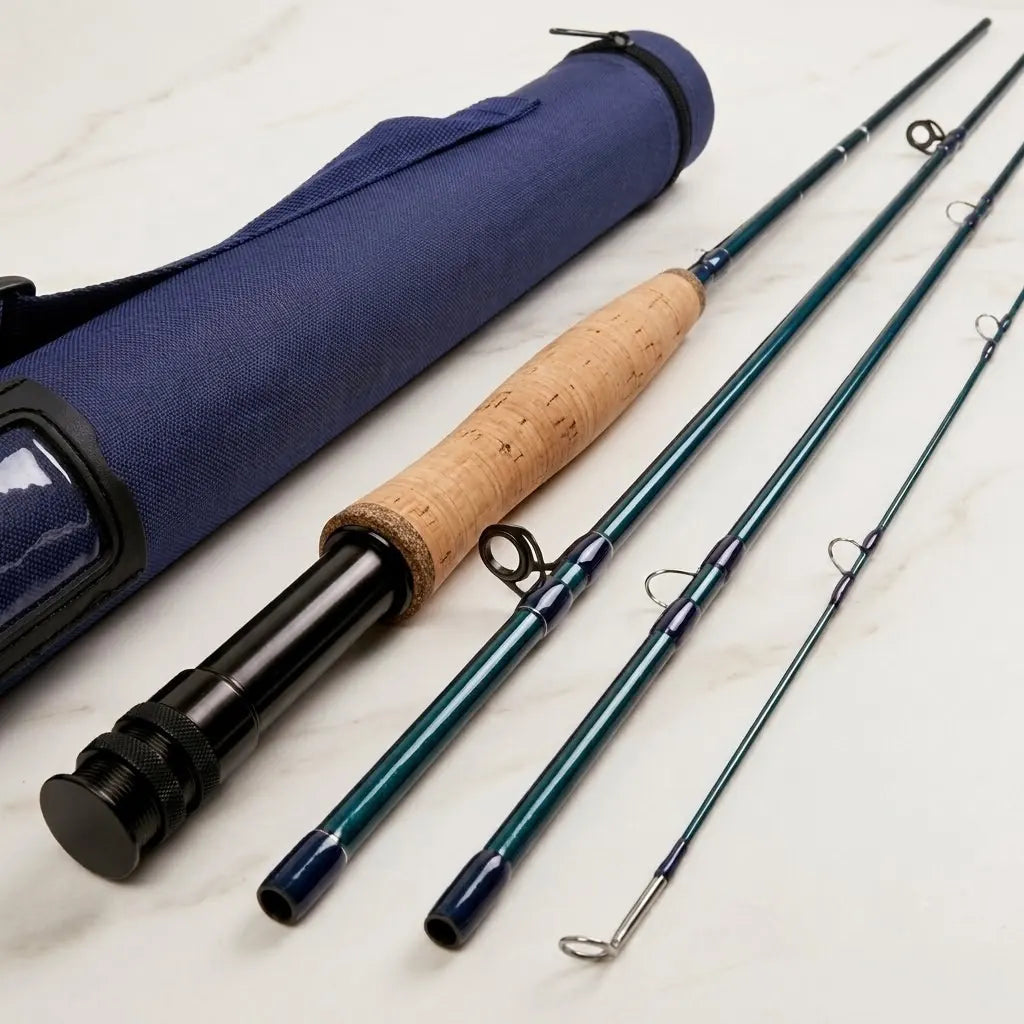 Axon V-Access fly rod 4 pieces broken down — IM8 teal carbon blank with navy fabric case
