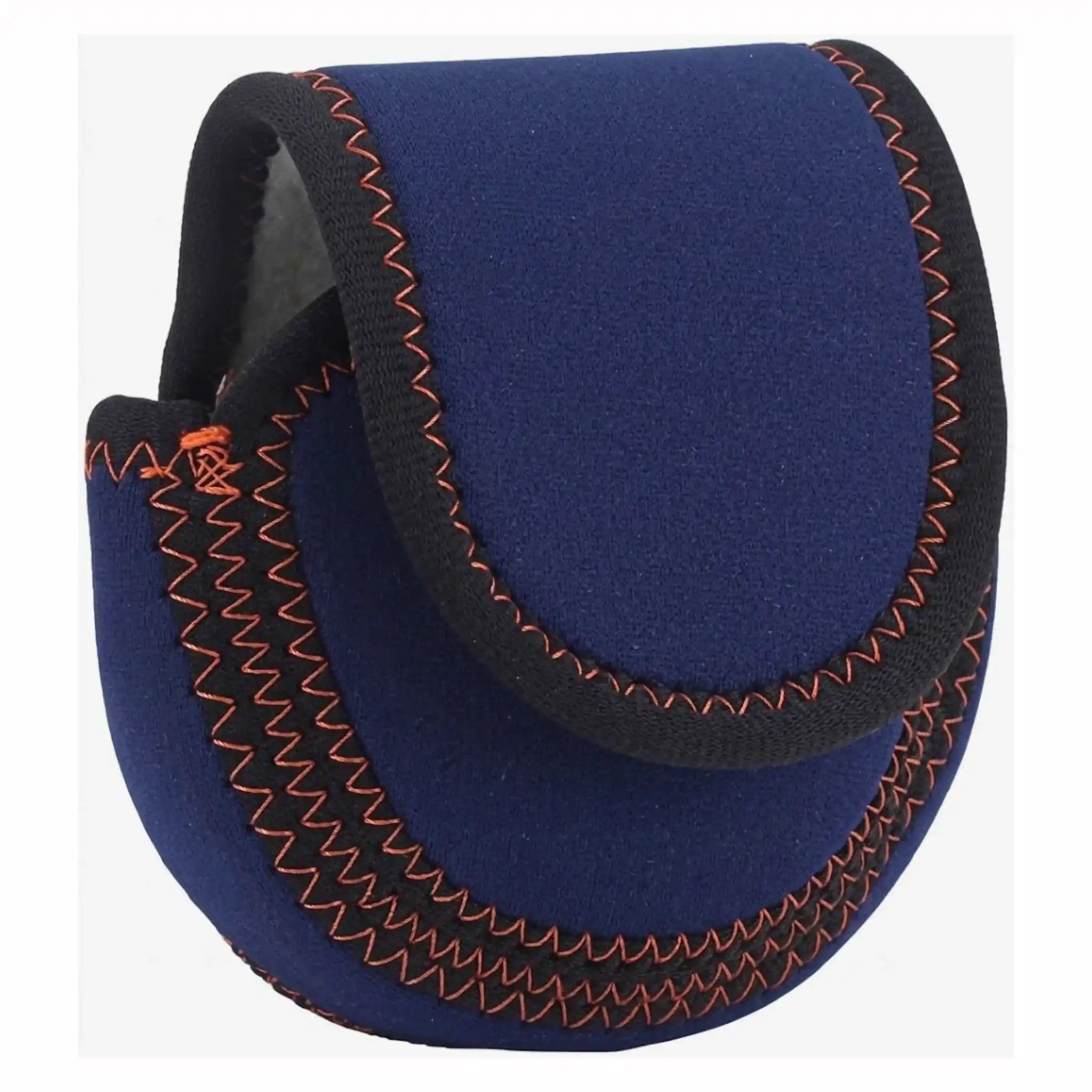 Étui moulinet pêche à la mouche Axon — néoprène haute densité bleu marine, coutures renforcées zigzag orange