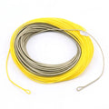 Gros plan détaillé sur les boucles soudées de la soie de pêche à la mouche bicolore AXON iMPULSE. L'image met en évidence la qualité de finition des deux boucles terminales et la transition entre la section de course jaune vif et la section de tête gris-taupe.