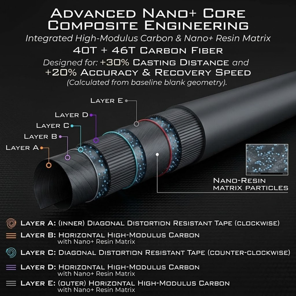 Construction composite Nano+ Core canne mouche 5 couches carbone 40T 46T nano-résine — Axon Fly Fishing