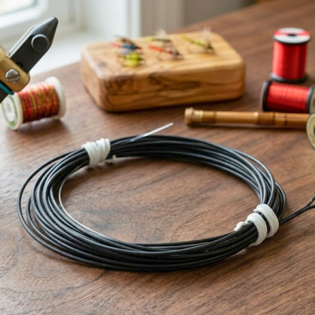 Polyleader calant Axon Fly Fishing prêt à l'emploi, mis en valeur sur un établi de montage avec étau, boîte à mouches et accessoires de pêche.