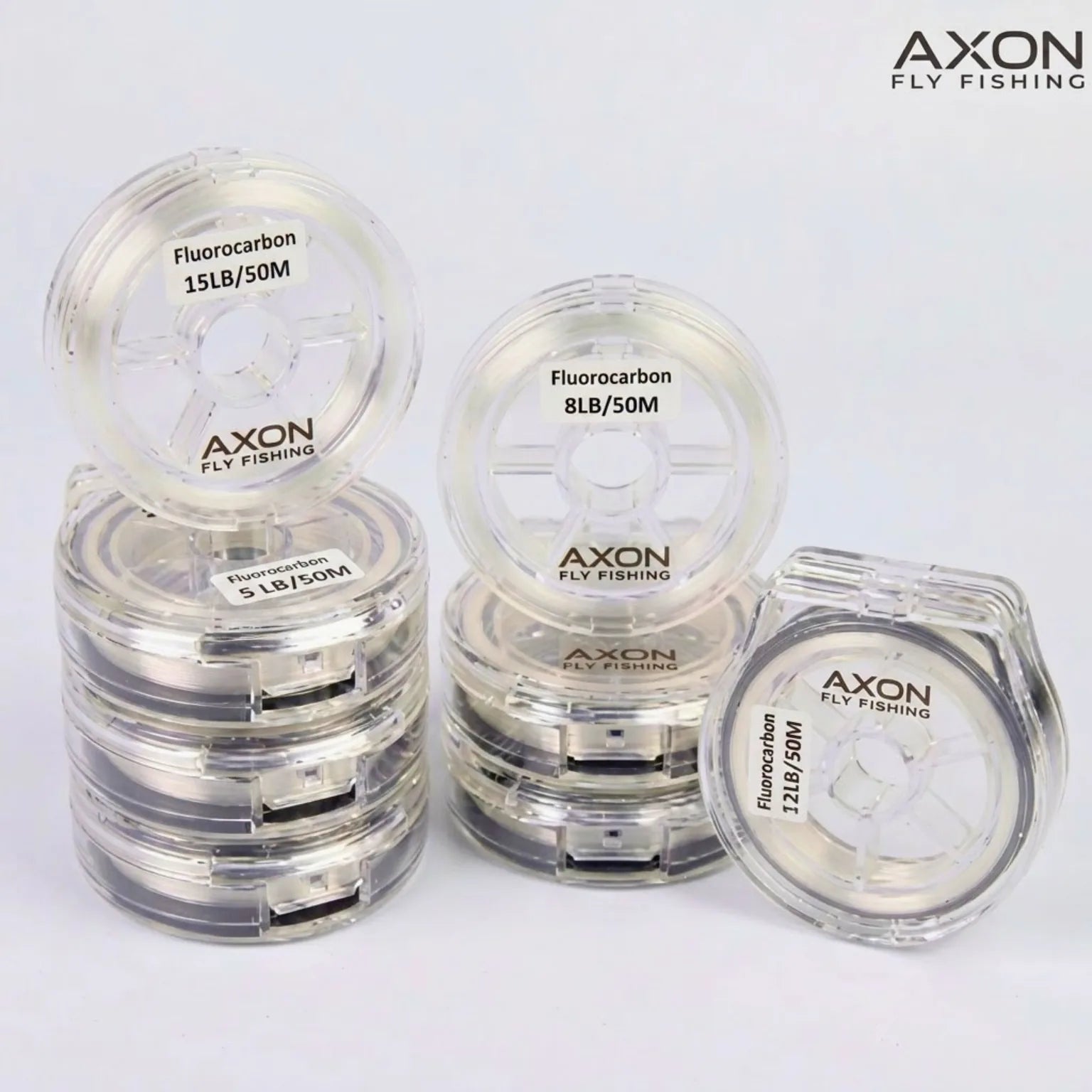 Bobines de tippet fluorocarbone Axon 50 m pour la pêche à la mouche — gamme 0X à 7X